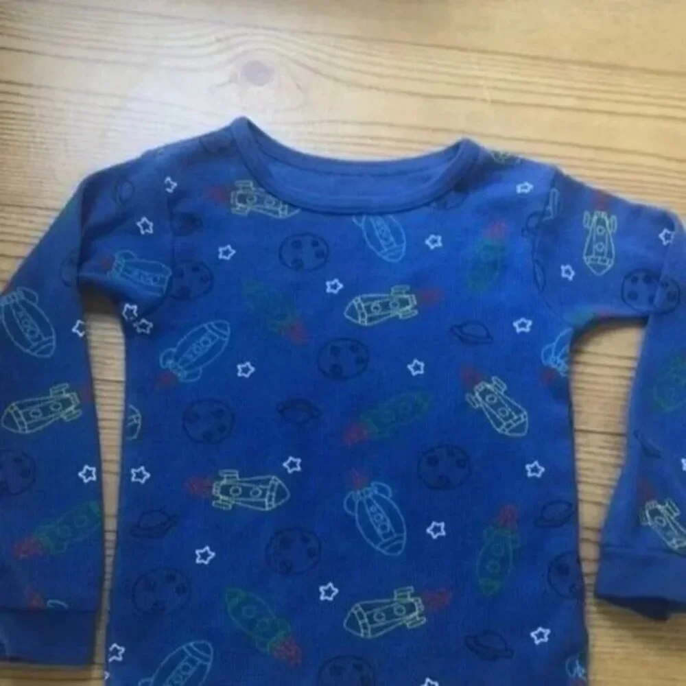 Boys Blue Rocket Ship Long Sleeve Top Graphic Tee Space Pattern‎